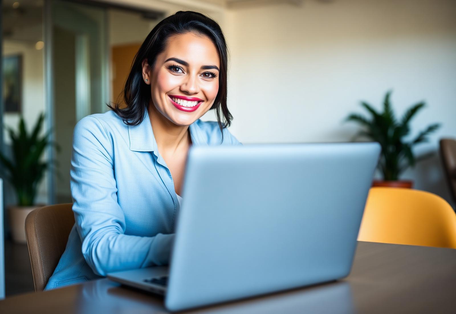 Business owner reviewing positive online reviews on a laptop